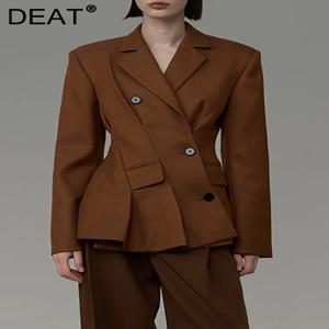 DEAT 여성용 노치드 칼라 블레이저, 긴 소매 대각선 싱글 브레스트 폴드 허리 세트 재킷, 패션 용수철 2024, 신제품 7AB1120