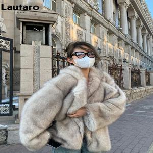 Lautaro 여성용 오버사이즈 루즈한 캐주얼 코트, 부드럽고 두껍고 따뜻한 털, 인조 여우 모피 코트, 긴팔 푹신한 재킷, 2024, 가을, 겨울