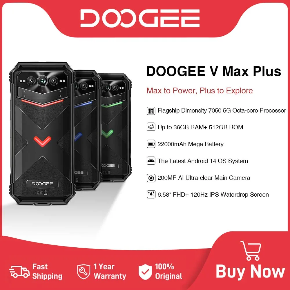 DOOGEE V Max Plus 견고한 휴대폰, 22000mAh, 36GB(16 + 20), 512GB, 200MP 카메라 휴대폰, 6.58 인치, 120Hz 디멘시티 7050, 안드로이드 14, 월드 프리미어