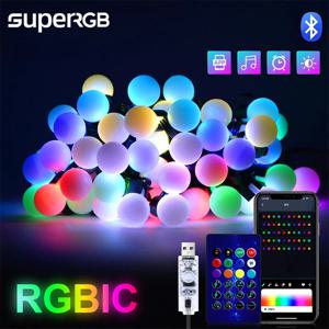 USB 블루투스 RGBIC LED 스트링 라이트 앱, 야외 캠핑 LED 화환, 글로벌 전구, 정원 파티 장식용 요정 조명, 5M, 10