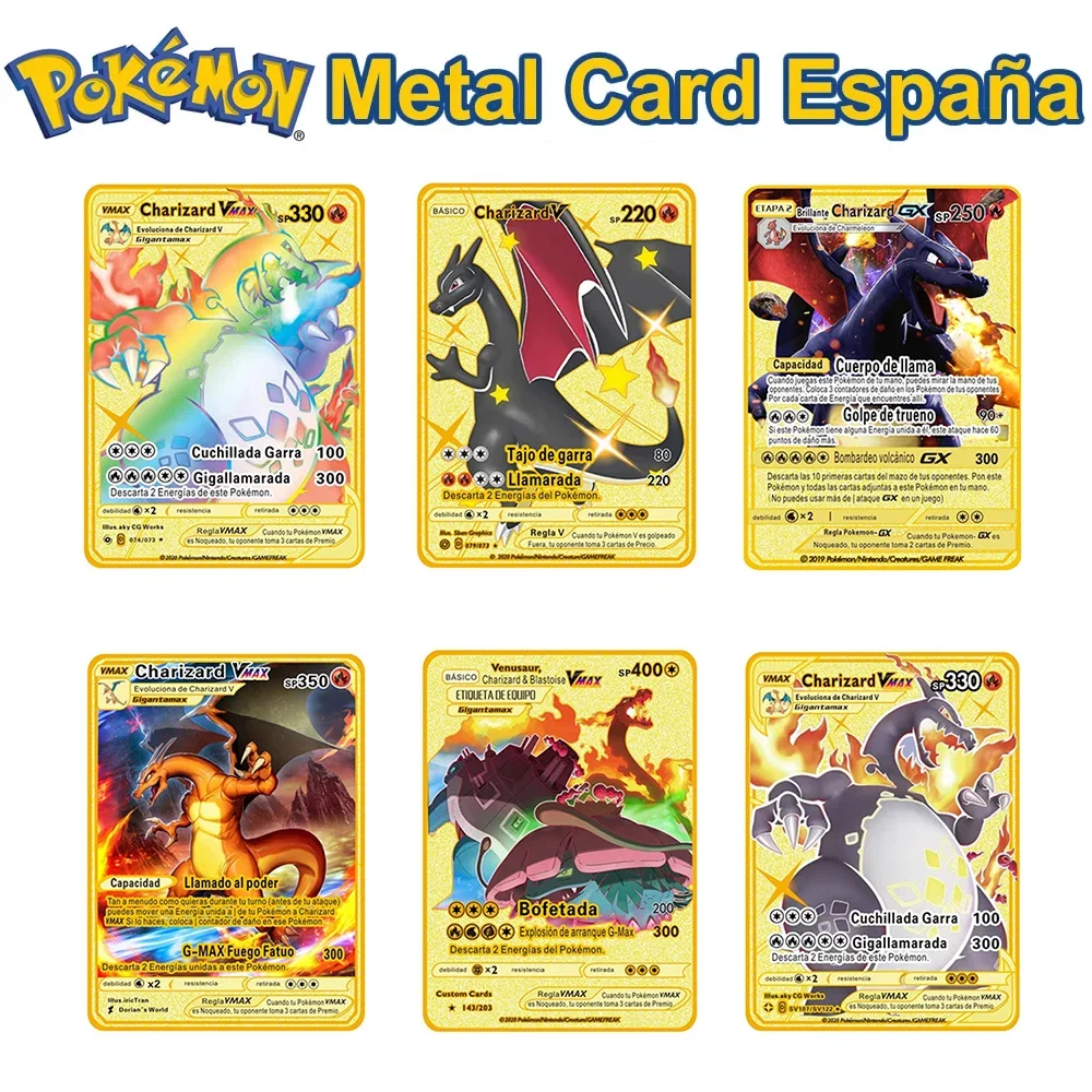 스페인어 포켓몬 금속 카드, 포켓몬 레터 V VMAX 리자몽 GX 피카츄 카르타스, 포켓몬 에스파놀 컬렉션 골드 카드, 어린이 장난감 선물