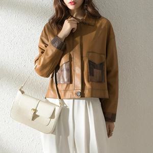 여성용 가죽 정품 재킷, 배색 스티치 디자인, 짧은 오토바이 양가죽 코트, 용수철 가을, 2024 신상 패션