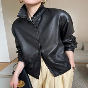 여성용 천연 블랙 양가죽 코트, 심플한 패션 셔츠 칼라, 싱글 브레스트 짧은 캐주얼 가죽 재킷