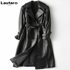 Lautaro 여성용 긴 블랙 PU 가죽 트렌치 코트, 긴팔 벨트, 우아한 영국 스타일 패션 2021, 4xl, 5xl, 6xl, 7xl