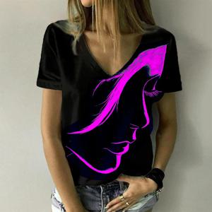 여성용 레트로 페이스 프린트 테마 반팔 티셔츠, V넥 기본 셔츠 상의, 여아용 오버사이즈 Y2k 의류, 여름 패션, 신상