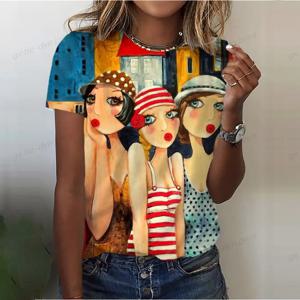 여성용 귀여운 프린트 반팔 티셔츠, 하라주쿠 패션 O-넥 셔츠, 숙녀 다채로운 아름다운 셔츠 티, 2024 여름