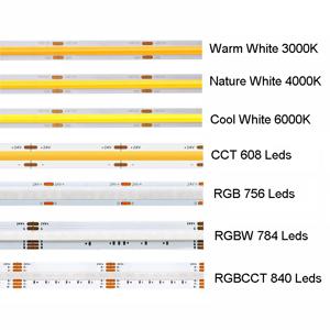 COB RGB CCT RGBW 따뜻한 내추럴 쿨 화이트 LED 스트립, 유연한 고휘도 도트 없는 다채로운 LED 테이프 라이트 바, RA90, DC12 V, 24V, 5m