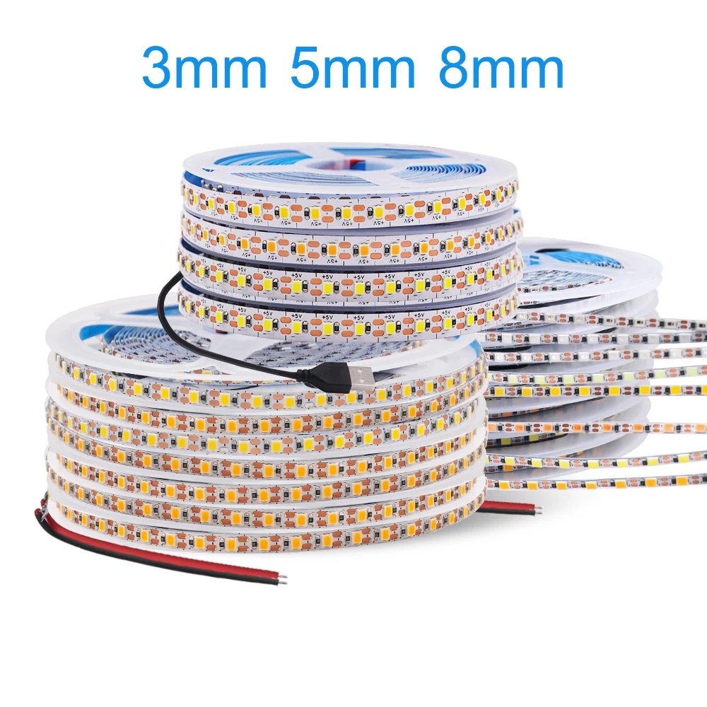 LED 스트립 2835 유연한 테이프, IP20 방수 없음, 따뜻한 내추럴 쿨 화이트, 120LEDs/m, 3mm, 5mm, 8mm 너비, DC 5V, 1 LED/m