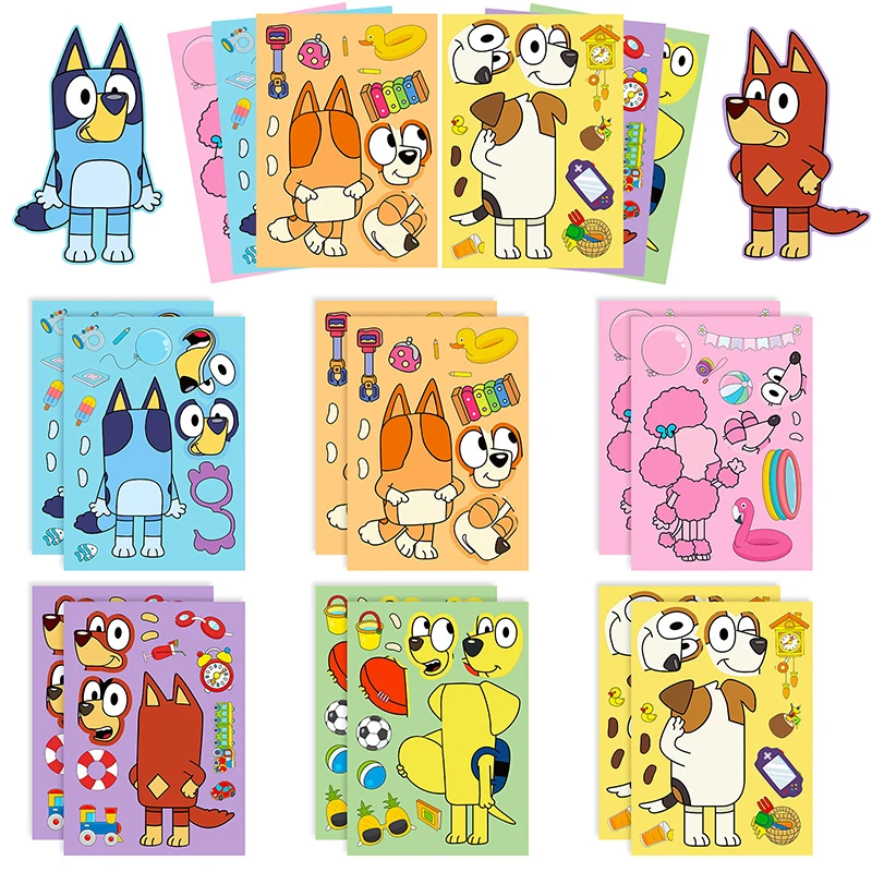 블루 애니메이션 만화 강아지 퍼즐 스티커, 귀여운 어린이 DIY 컬러 퍼즐 교육 스티커, 어린이 장난감 선물, 6 개, 12 개, 18 개