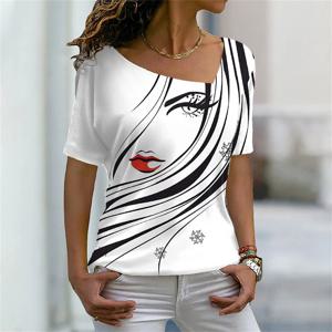 V넥 3D 페이스 프린트 여성용 티셔츠, Y2k 캐주얼 탑, 여성용 빈티지 하라주쿠 소녀 맞춤형 반팔 풀오버, 여름