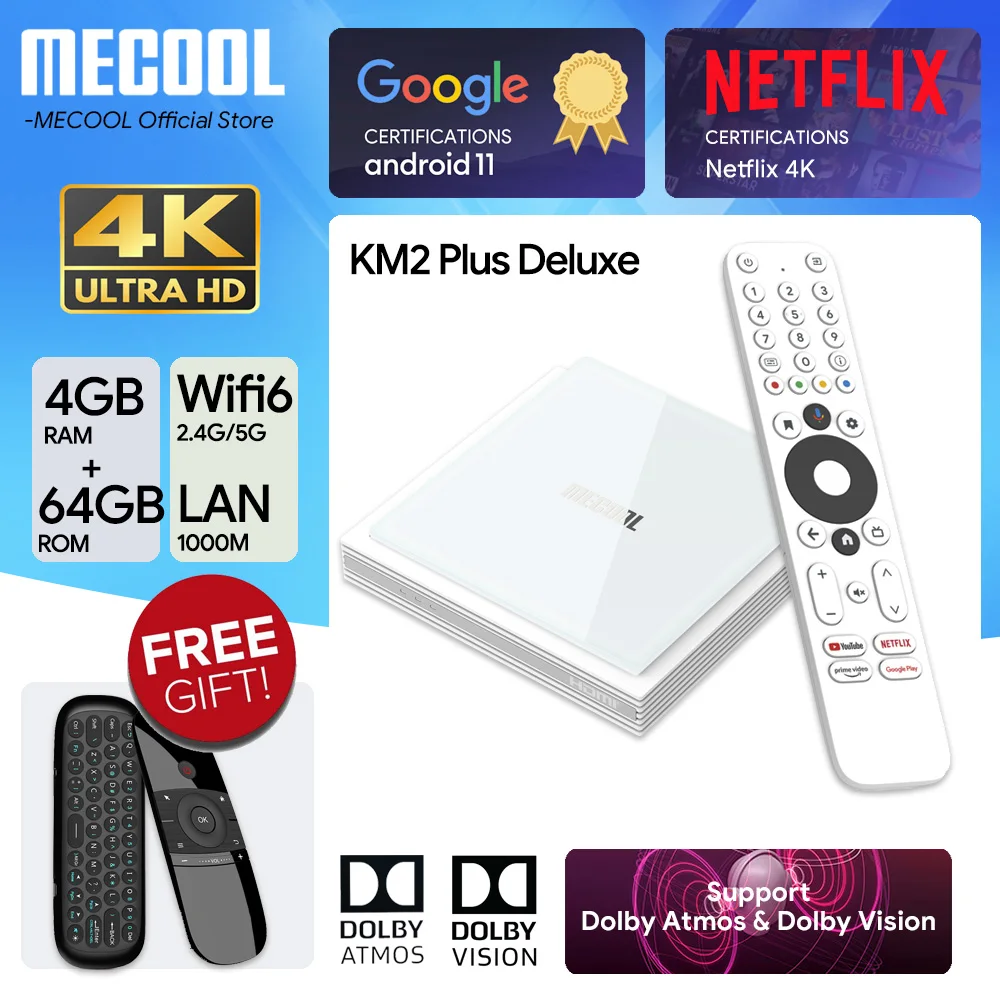 MECOOL KM2 플러스 디럭스 안드로이드 TV 박스, 넷플릭스 4K 인증, 돌비 애트모스, 돌비 비전 4 + 32G, 와이파이 6, 1000M LAN 포트 미디어 플레이어