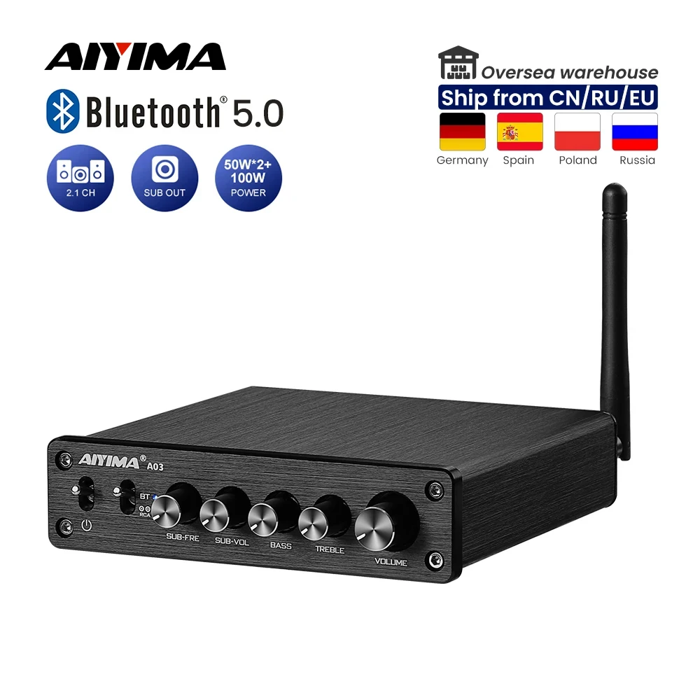 AIYIMA TPA3116 서브우퍼 블루투스 앰프, HiFi TPA3116D2 2.1 디지털 오디오 전력 증폭기, 50Wx2 + 100W 사운드 증폭기 A03