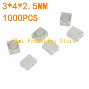 1000PCS 3X4X2.5MM 3X4 SMD 촉각 촉각 푸시 버튼 스위치, 3*4*2.5H 3*4 4Pin 터치 마이크로 스위치 화이트 랩 풋