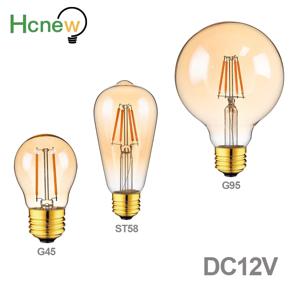 LED 필라멘트 전구 E27 G95 G45 ST58 2W 4W 호박색 유리 2200K 웜 화이트 저전압 오프 그리드 전원 레트로 RV LED 조명 램프, DC12V