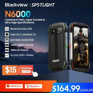 Blackview N6000 견고한 스마트폰, 안드로이드 13 G99 휴대폰, 16GB 256GB 4.3 인치 디스플레이, 48MP 카메라 휴대폰, 월드 프리미어