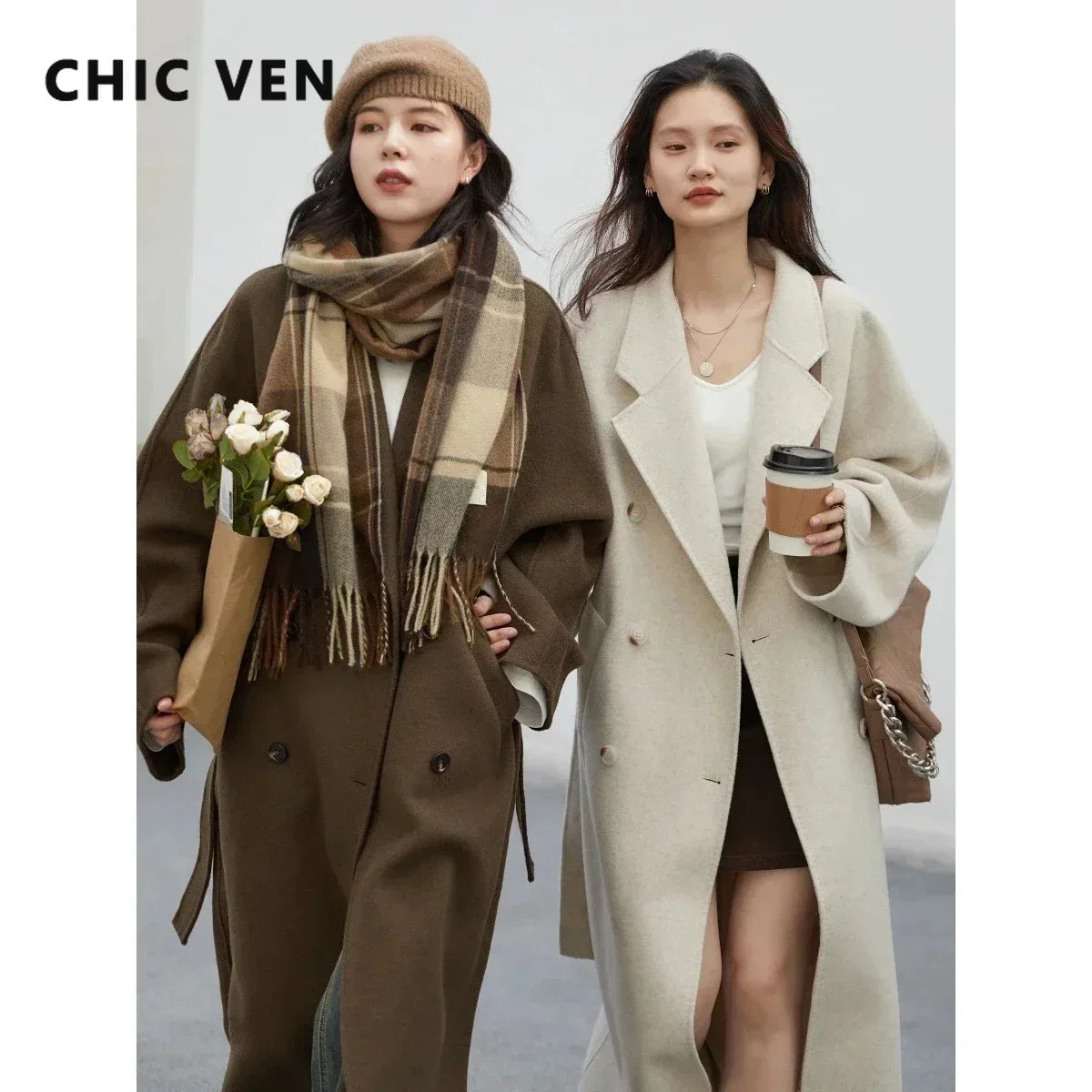 CHIC VEN 여성용 긴 양면 모직 코트, 레트로 루즈 여성 오버코트, 더블 브레스트, 여성용 바람막이, 가을 겨울 2023