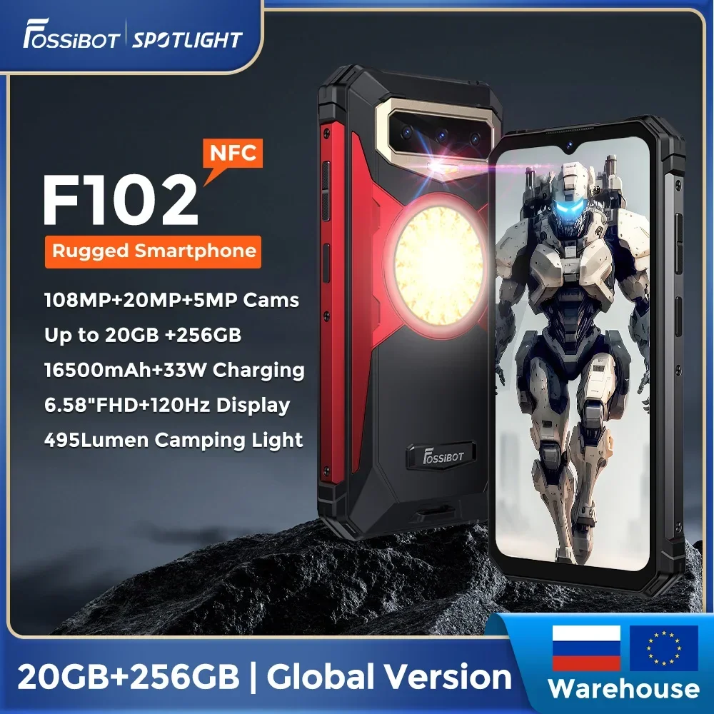 FOSSIBOT F102 내구성 스마트폰 20GB+256GB Helio G99 33W 급속충전 16500mAh 안드로이드 13폰 6.58 FHD 캠핑등 방수폰 NFC 108MP