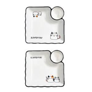 BLOWFISHFUGU 심플 화이트만두접시 고양이 패턴 스시나눔접시 캐릭터 도자기 접시 2P/4P, 2개