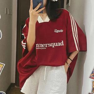 핑크비올라 / 룸 블록코어 루즈핏 브이넥 여성 반팔 맨투맨 티셔츠