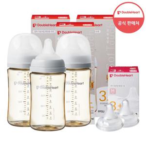 [더블하트] 3세대 240ml 모먼트 젖병3개(젖꼭지포함) +젖꼭지2개