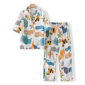 여름 면잠옷 셔츠 반팔 긴바지 파자마세트 남여 커플 동물 프린트 잠옷세트