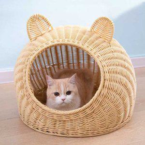 등나무 고양이 하우스 숨숨집 바구니 천연 라탄 침대 가정용 하우스 캐비닛 보관 이동장