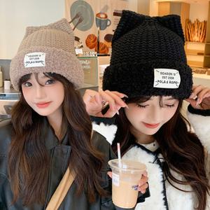 여성 겨울 도톰 비니 부드러운 와치캡 귀여운 고양이 꽈배기 모자 3컬러