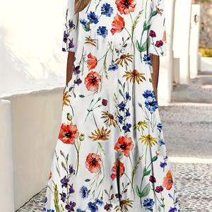 플러스 사이즈 캐주얼 드레스, 여성용 플러스 플로럴 프린트 반소매 라운드 넥 미디엄 스트레치 셔링 드레스