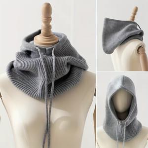 단색 졸라매는 끈 디자인 패션 니트 모자, 방풍 야외 목 랩 따뜻한 모자 스카프
