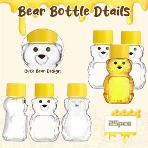 25개, 2온스 플라스틱 곰 항아리 곰 모양의 투명한 꿀 용기, 대량 미끄럼 방지 질감 빈 곰 컵, 노란색 뚜껑이 있는 재사용 가능한 미니 곰 항아리, 주방 용품