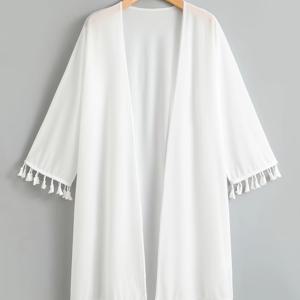 흰색 테이슬 장식이 달린 플레인 커버업, 시원한 비치 키모노, 카니발 및 음악 축제를 위한 여성 수영복 및 의류 휴가용