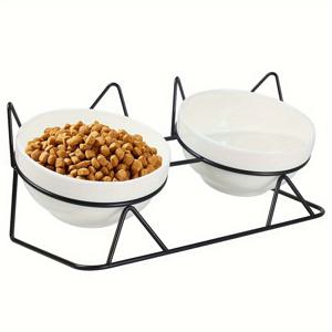 기울어진 스탠드가 있는 높은 고양이 그릇, 음식과 물을 위한 철제 스탠드가 있는 세라믹 고양이 싱글/더블 그릇