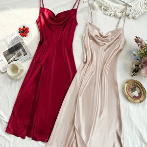 2개의 여성 우아한 솔리드 새틴 잠옷 드레스, 터틀넥 사이드 스플릿 백리스 미디 슬립 드레스, 편안한 나이트가운
