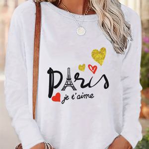 파리 & 하트 프린트 루즈 티셔츠, 귀여운 롱 슬리브 크루 넥 탑, 여성 의류