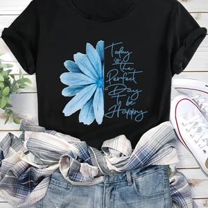여성 캐주얼 루즈핏 여름 티셔츠, 파란색 꽃무늬 프린트, 반팔, 둥근 목, 데일리 웨어 상의