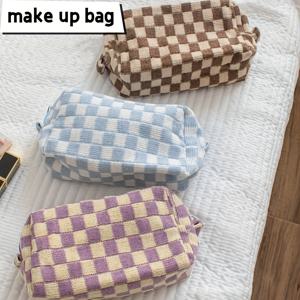 체크 무늬 패턴 지퍼 메이크업 가방, 여행 화장품 가방, 메이크업 브러쉬 홀더 주최자
