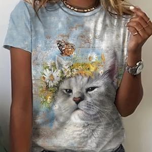 대리석 고양이 프린트 티셔츠, 캐주얼 크루넥 반팔 여름 티셔츠, 여성 의류