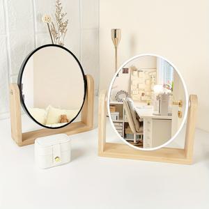 1pc 나무 프레임 이중면 메이크업 거울, 홈 사용을 위한 간단한 책상 스탠드 원형 회전 거울과 확대 거울