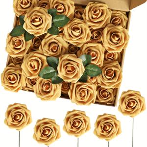 25개의 인공 꽃 줄기가 있는 진짜 같은 황금 가짜 장미로 DIY 웨딩 부케, 신부 샤워 센터피스, 파티 장식을 위해