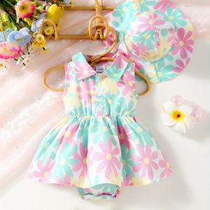 여름 휴가 스타일 다채로운 꽃무늬 아기 도복 & 모자, 사랑스러운 민소매 드레스, 여아 의류