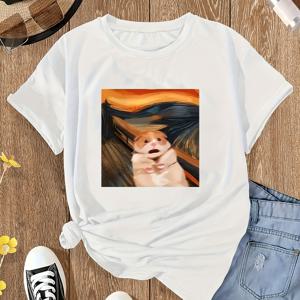 여성용 반팔 티셔츠, 캐주얼 라운드 넥, 빈티지 일몰 산과 개 오일 페인팅 프린트, 세련된 스트릿웨어 상의
