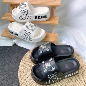 여성 귀여운 곰 패턴 슬라이드 샌들, 패션 오픈 토 여름 신발, 편안한 슬립 온 슬라이드 샌들