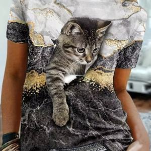 대리석 & 고양이 프린트 크루 넥 티셔츠, 봄 여름용 캐주얼 반소매 티셔츠, 여성 의류