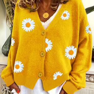 데이지 패턴 자수 니트 카디건, 봄과 가을을 위한 버튼 프론트 우아한 롱 슬리브 스웨터, 여성 의류