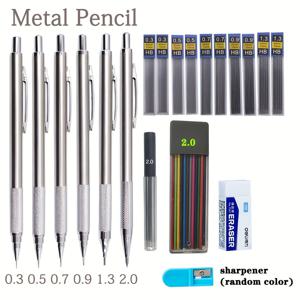 모든 금속 기계 연필 0.3 0.5 0.7 0.9 1.3 2.0 세트 아트 2B HB 12 색 리드 리필 연필 깎이 지우개 쓰기 스케치 아티스트 매일 쓰기 사인 개폐식 연필