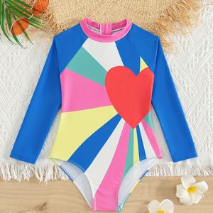 소녀의 심장 패턴 다채로운 긴 소매 원피스 수영복, 어린이 태양 보호 수영복