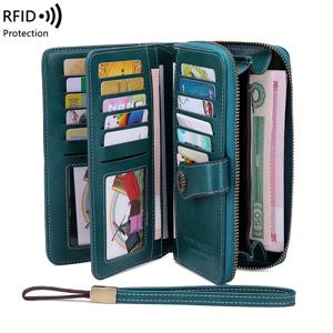 RFID 레트로 수납 공간이 넉넉한 장지갑 단색 여성용 지갑 손목 스트랩이 있는 다기능 지퍼 지갑