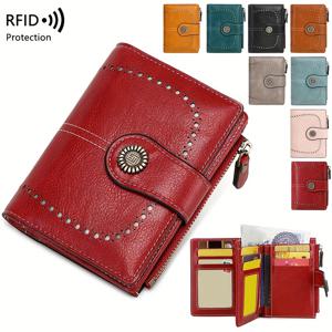 RFID 도난 방지 여성용 지갑 멀티 카드 지퍼 버클 지갑 레트로 다기능 짧은 소형 지갑