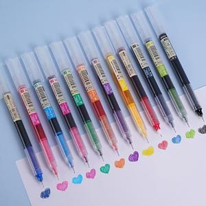 12-color 직선 액체 볼펜 고가치 학생 중립 펜 대용량 매끄러운 손 계정 수분 펜 빠른 건조 및 연속 잉크