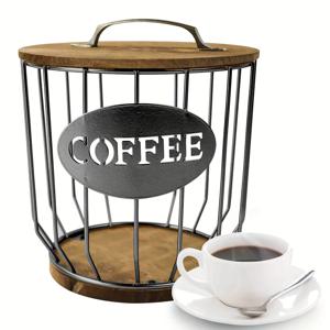 1pc 커피 포드 홀더, 나무베이스가있는 대용량 블랙 와이어 보관 바구니, 포드 및 에스프레소 캡슐 용 주방 조리대 용 현대 커피 바구니 장식
